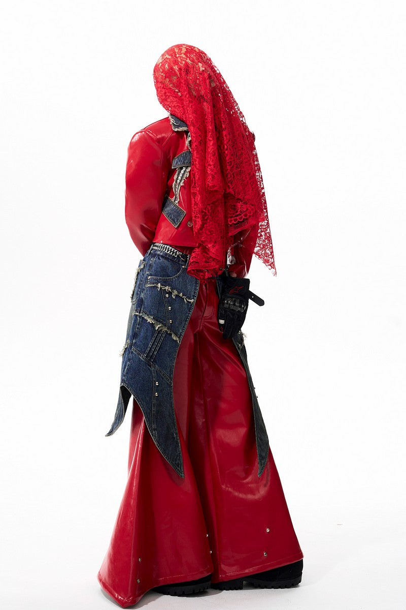 Studded Red Denim Panel Leather Jacket