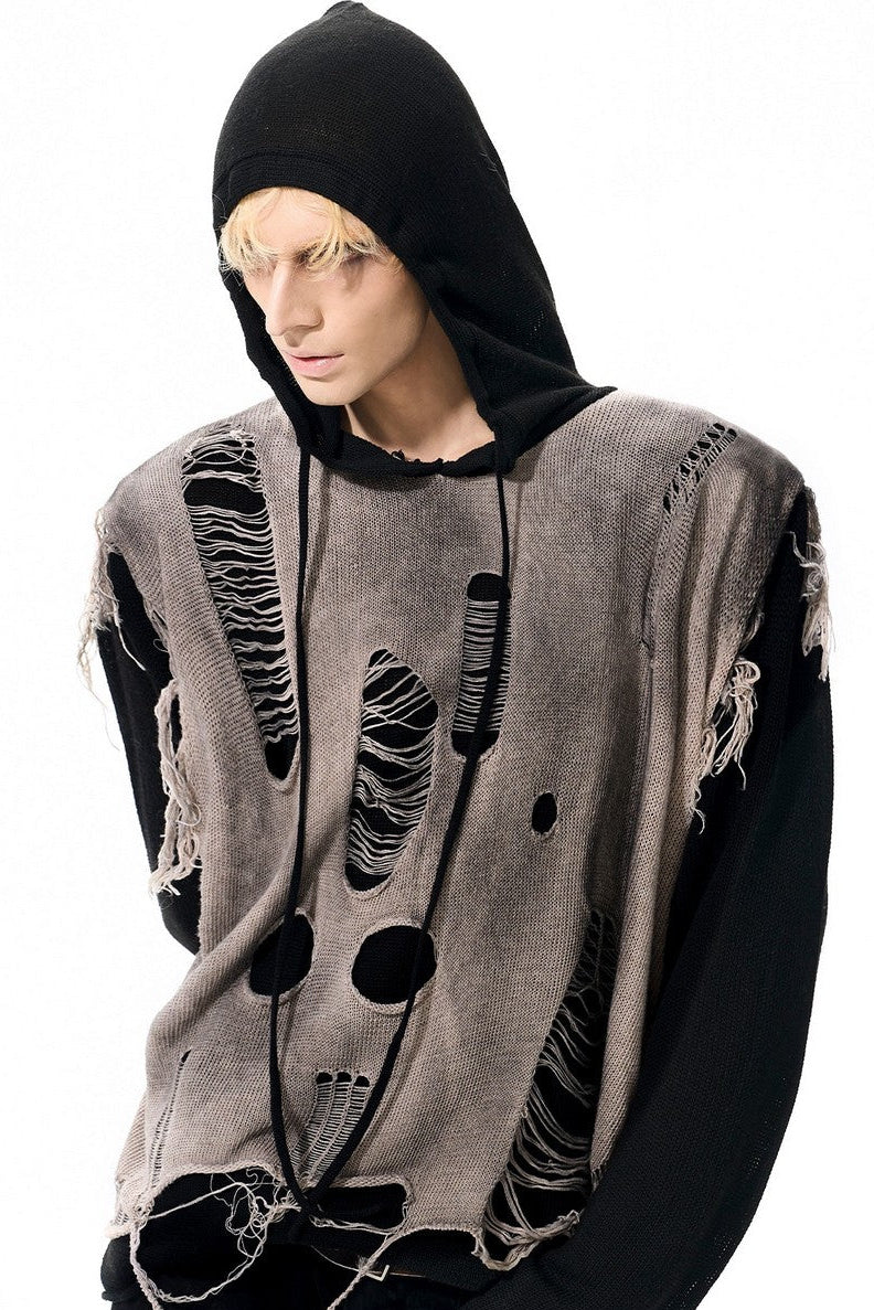 Distressed Layered Knit Hoodie