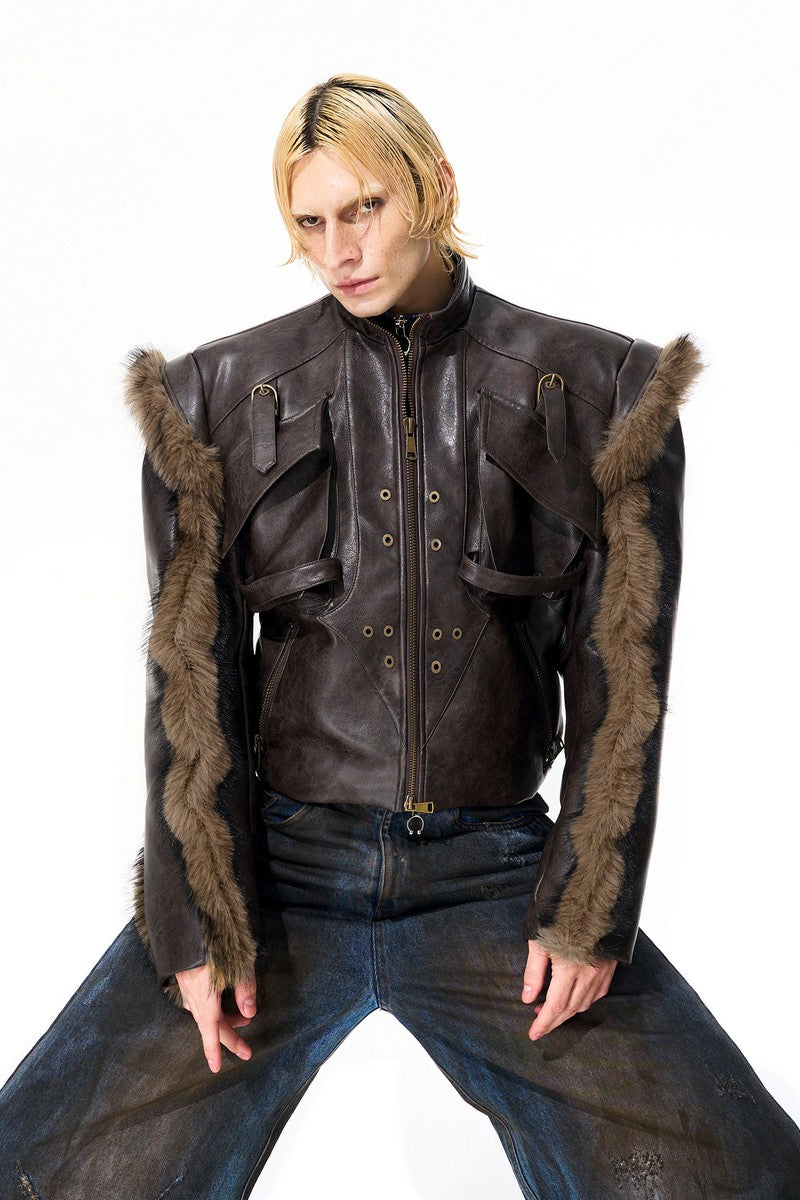 Vintage Finish Faux Fur Leather Jacket