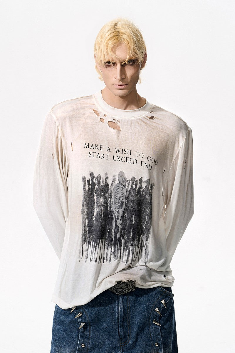 Skull Print Distressed Long Sleeve