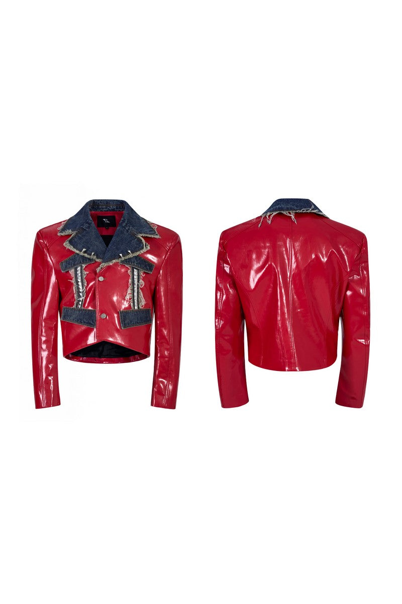 Studded Red Denim Panel Leather Jacket
