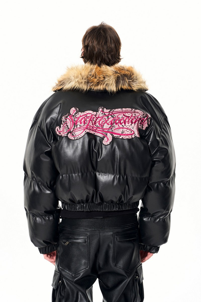 Reversible Snakeskin Collar Puffer