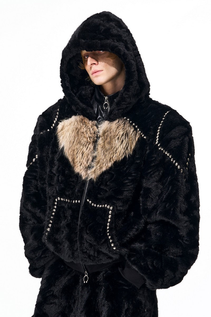 Colorblock Heart Faux Mink Hoodie