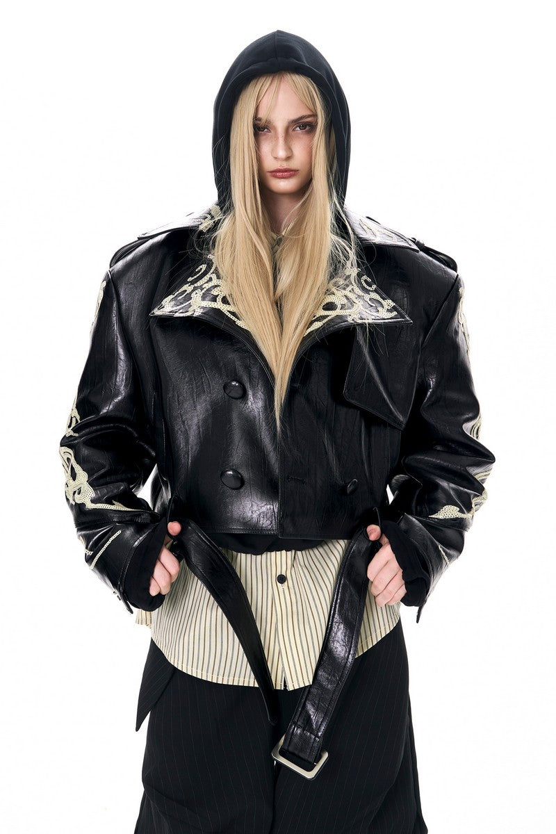 Dragon Sequin Cropped Biker Jacket