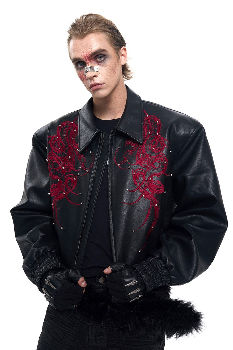 Embroidered Beaded Cropped Leather Jacket