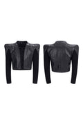 Knitted Panel Collarless Leather Jacket