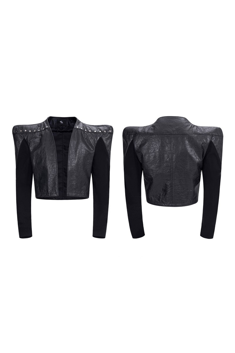Knitted Panel Collarless Leather Jacket