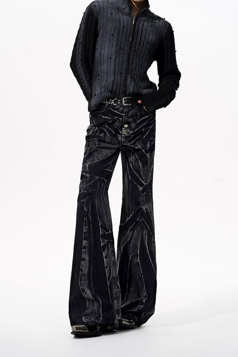 Wavy Washed Black Flared Jeans