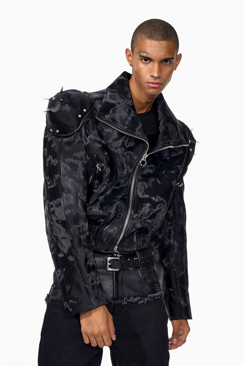 Portrait Print Cropped Biker Jacket