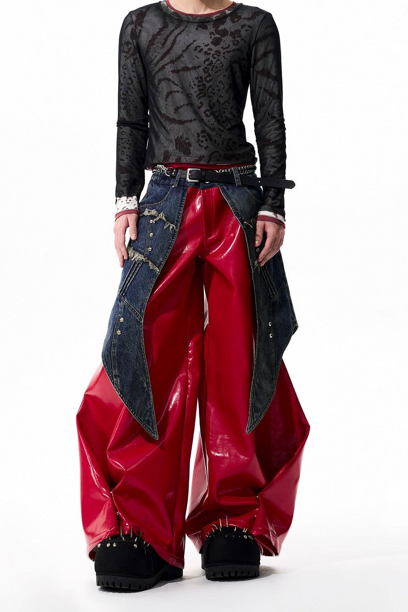 Studded Red Denim Panel Leather Pants