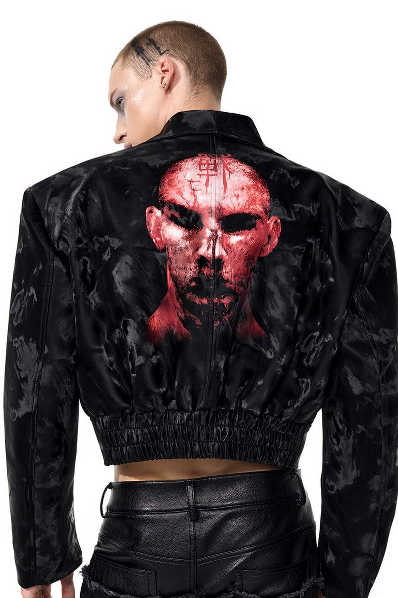 Portrait Print Cropped Biker Jacket