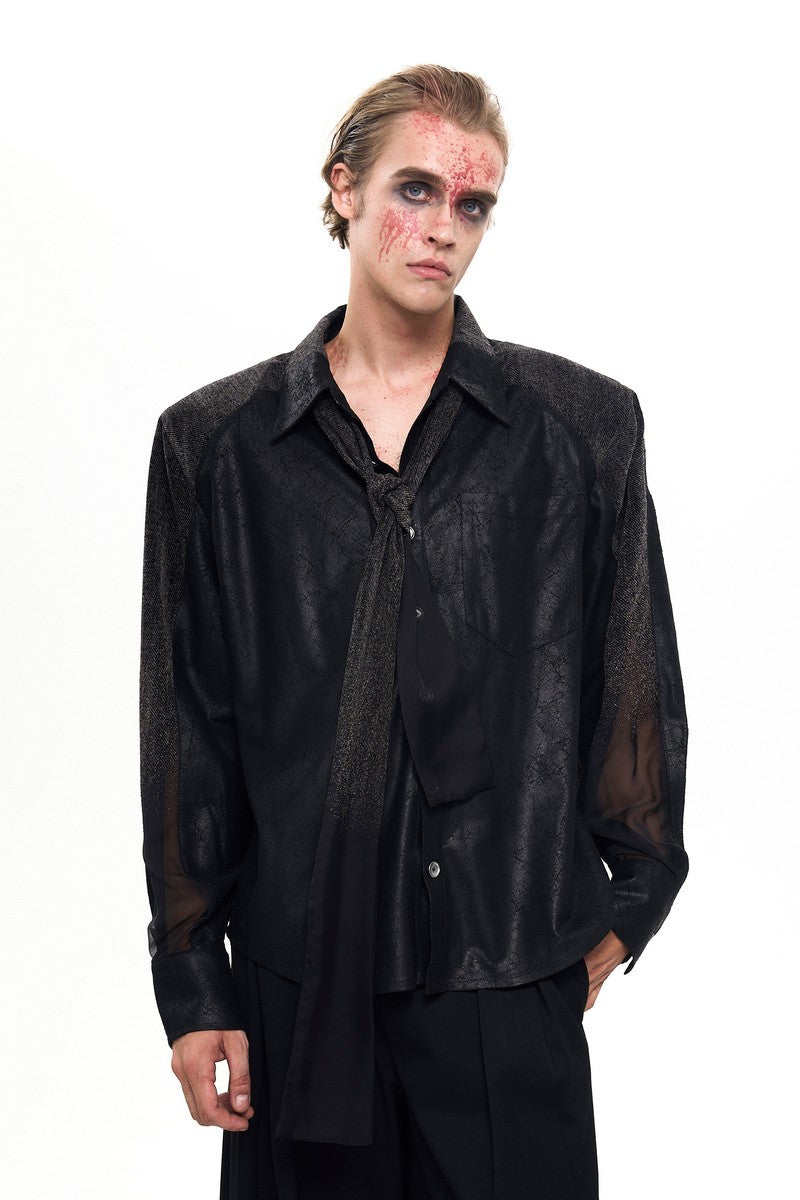 Sheer Flocked Tie Neck Shirt