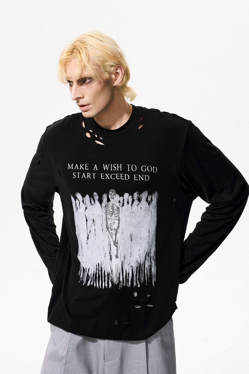 Skull Print Distressed Long Sleeve