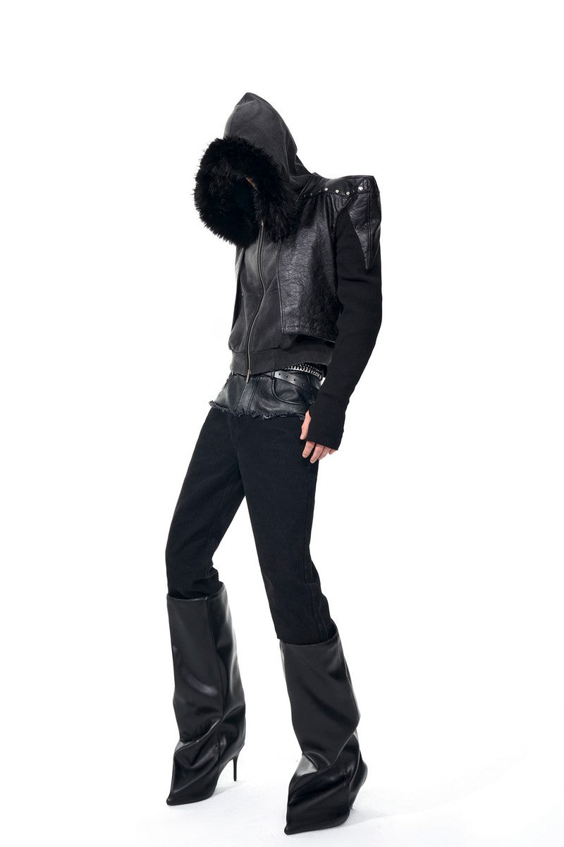 Knitted Panel Collarless Leather Jacket