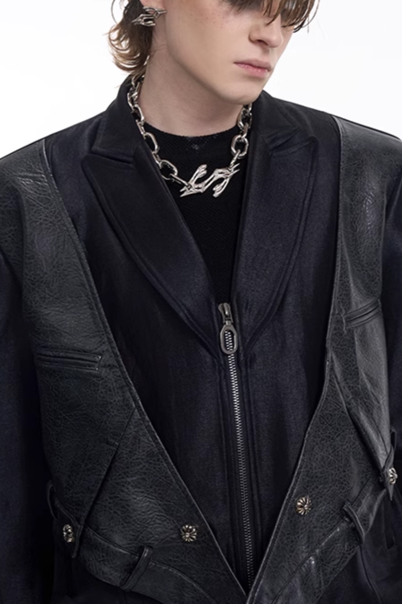 Dark Deconstructed Patchwork Zip Blazer