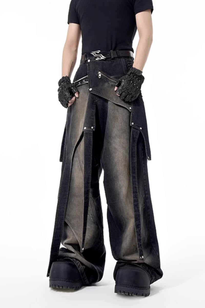 Deconstructed Studded Wide Jeans