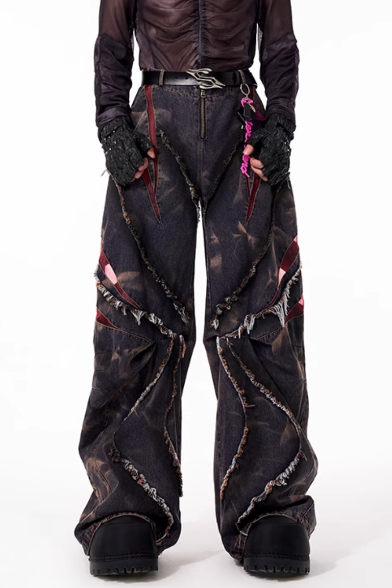 Heavy Washed Patchwork Mesh Wide Jeans