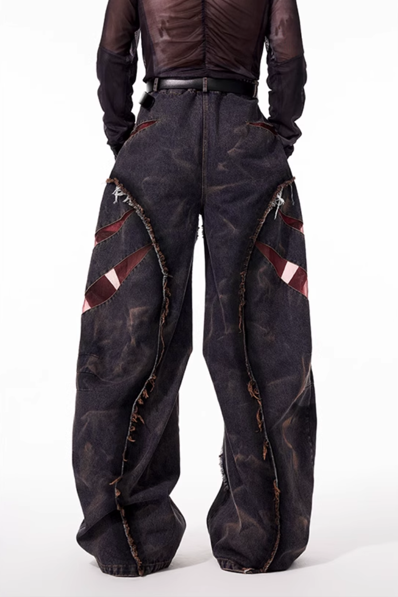 Heavy Washed Patchwork Mesh Wide Jeans