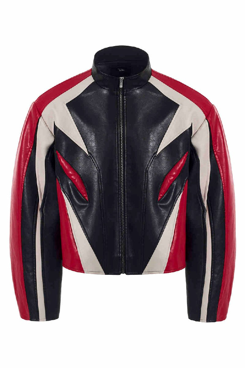 Cropped Stand Collar Patchwork Leather Jacket