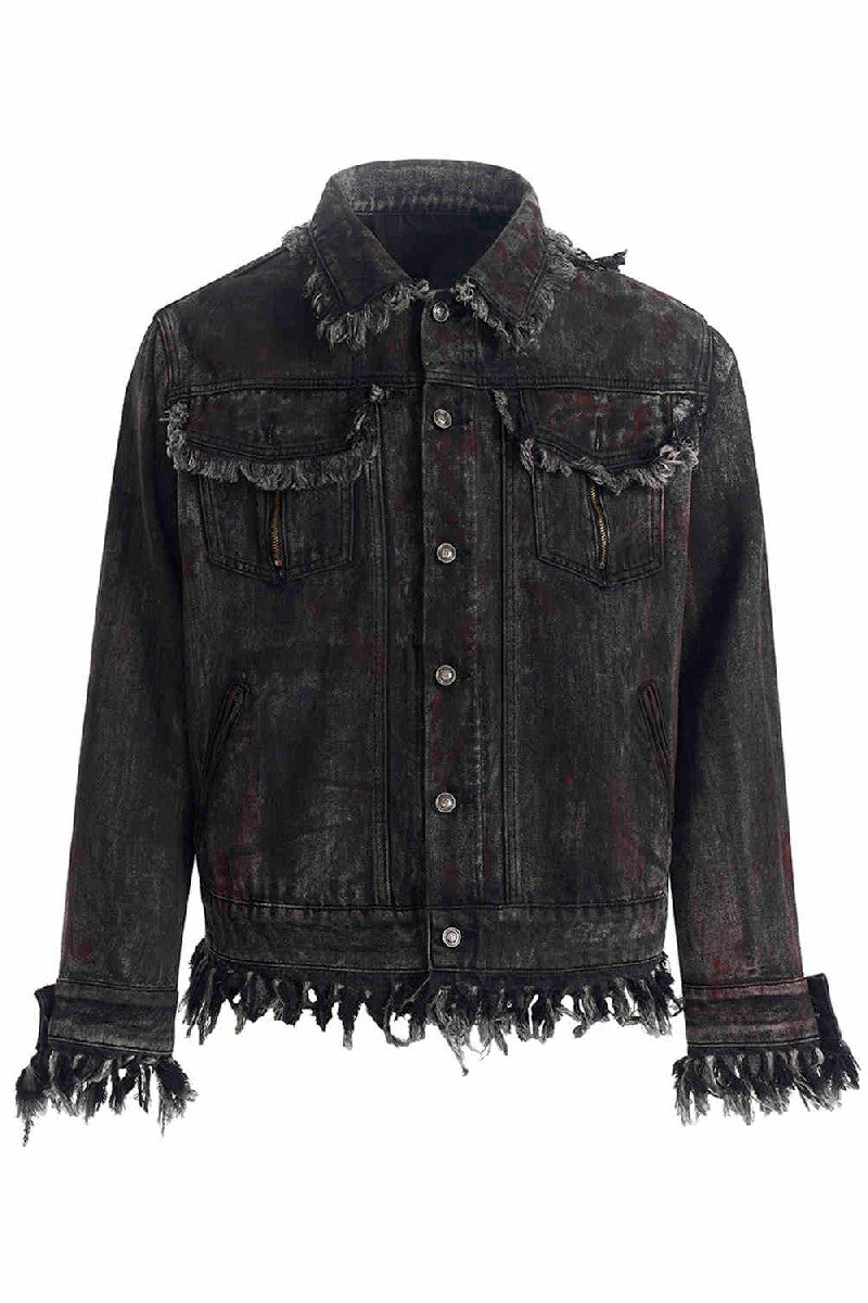 Heavyweight Distressed Frayed Patchwork Denim Jacket