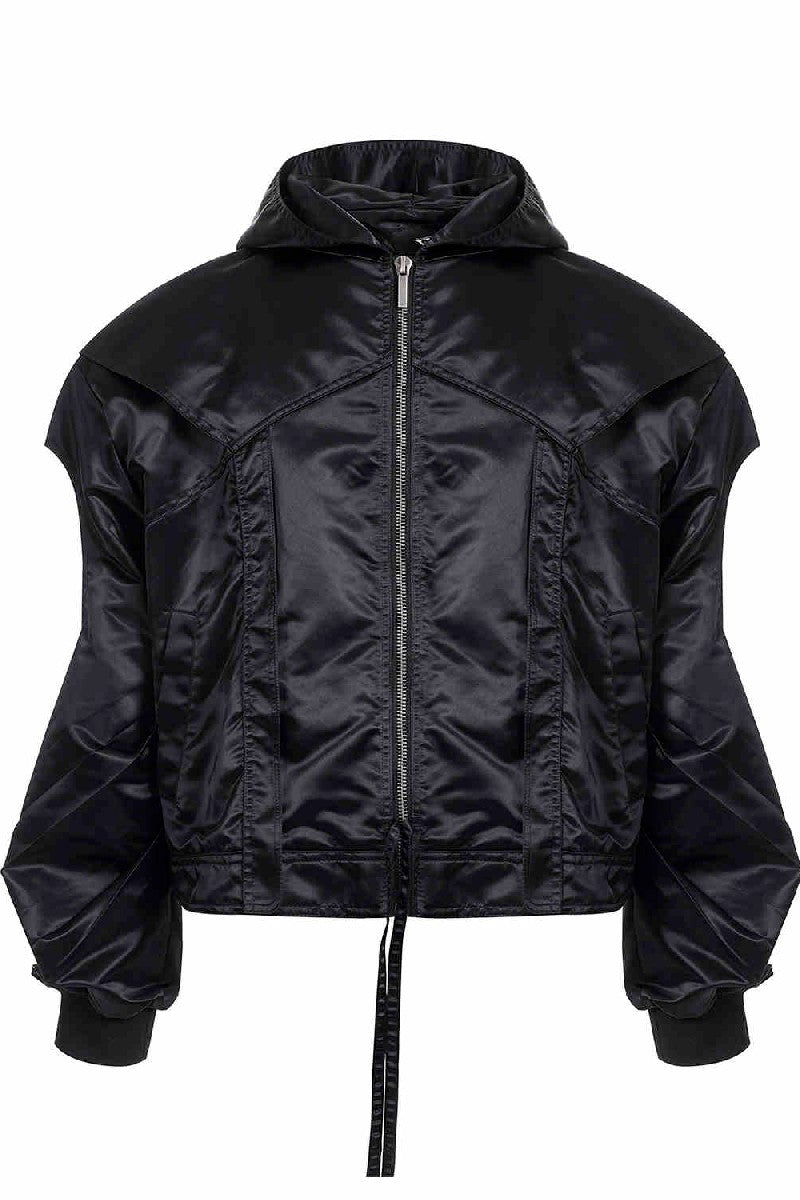 Cropped Hooded Ruched Sleeve Bomber Jacket