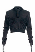 Ribbed Distressed Cropped Zip Hoodie