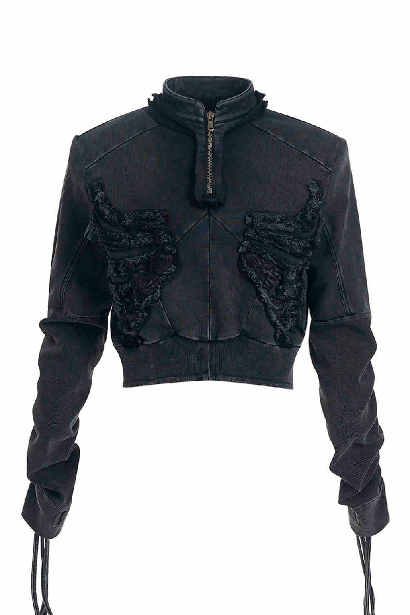 Ribbed Distressed Cropped Zip Hoodie