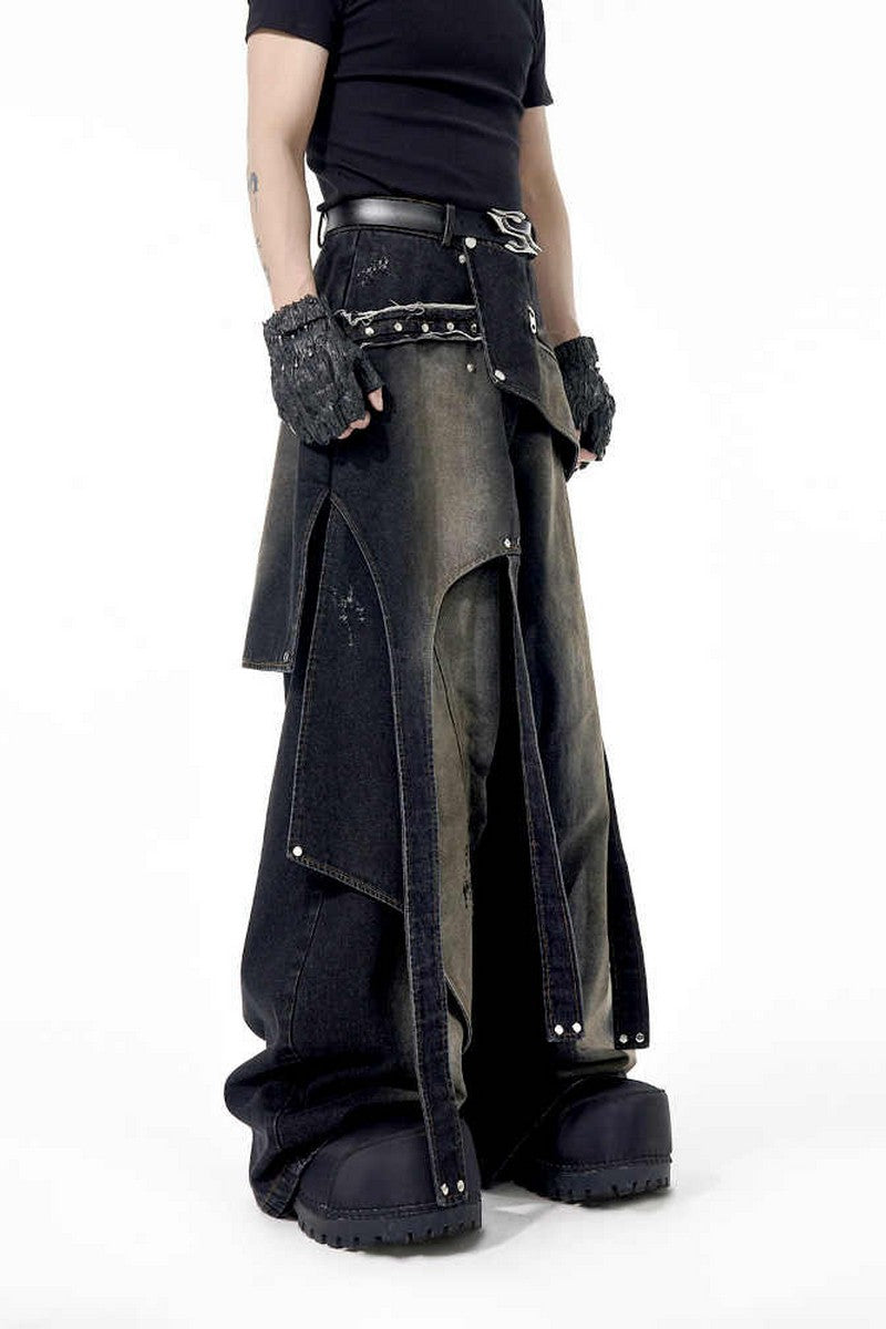 Deconstructed Studded Wide Jeans