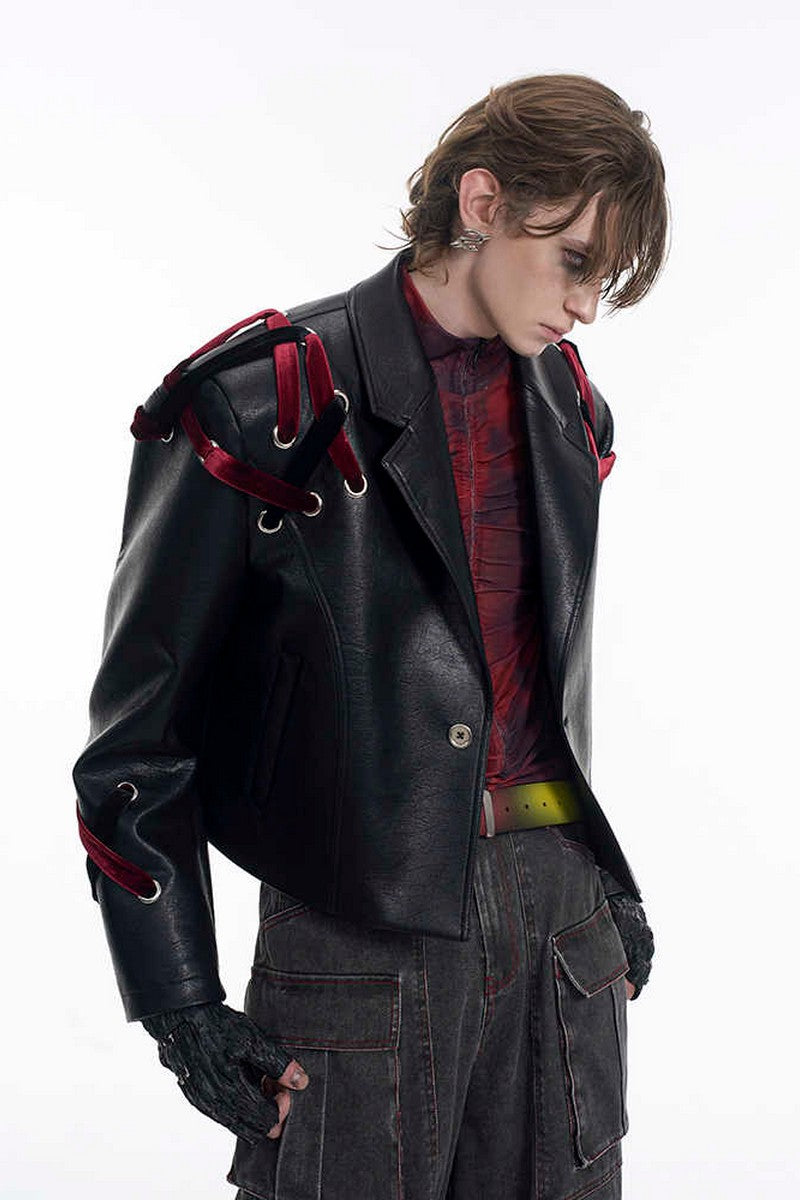 Cropped Padded Shoulder Leather Jacket