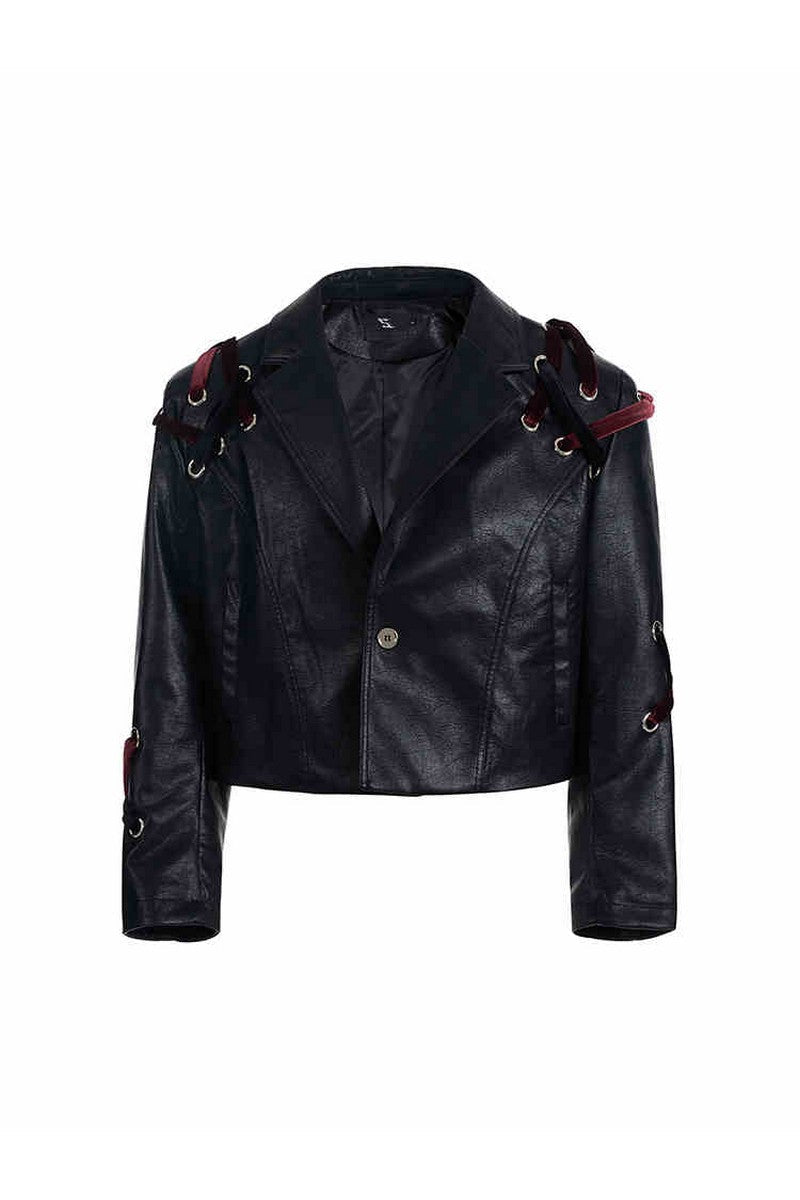 Cropped Padded Shoulder Leather Jacket