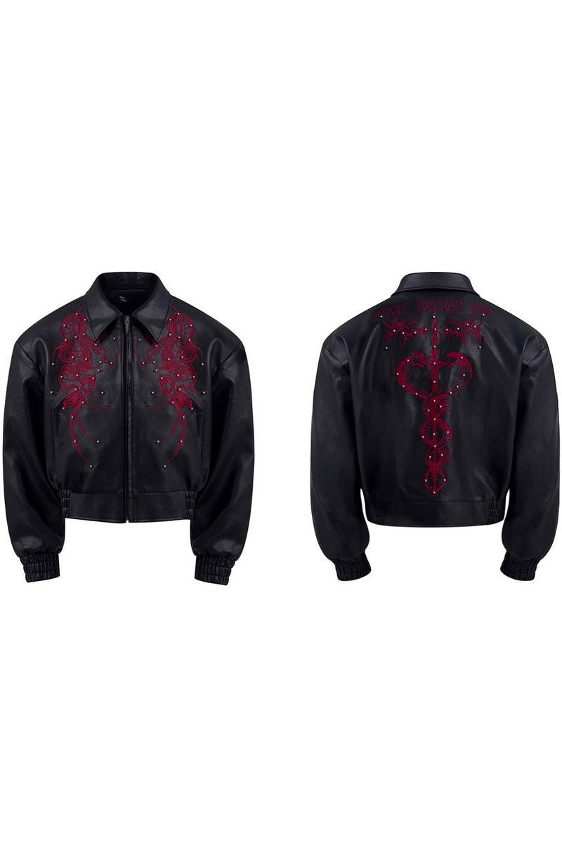 Embroidered Beaded Cropped Leather Jacket