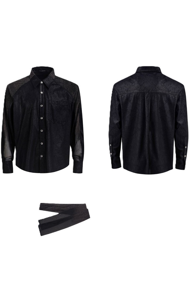 Sheer Flocked Tie Neck Shirt