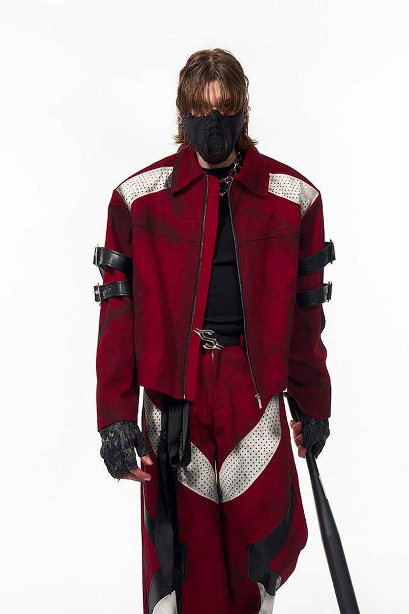 Red Distressed Patchwork Strap Denim Jacket