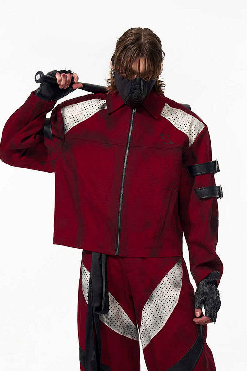 Red Distressed Patchwork Strap Denim Jacket