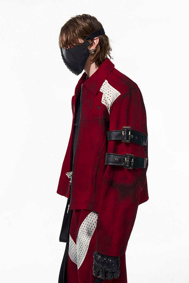 Red Distressed Patchwork Strap Denim Jacket