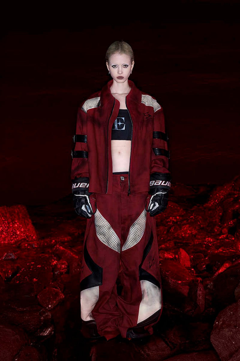 Red Distressed Patchwork Strap Denim Jacket