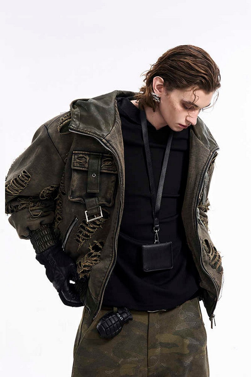 Distressed Washed Patchwork Hoodie