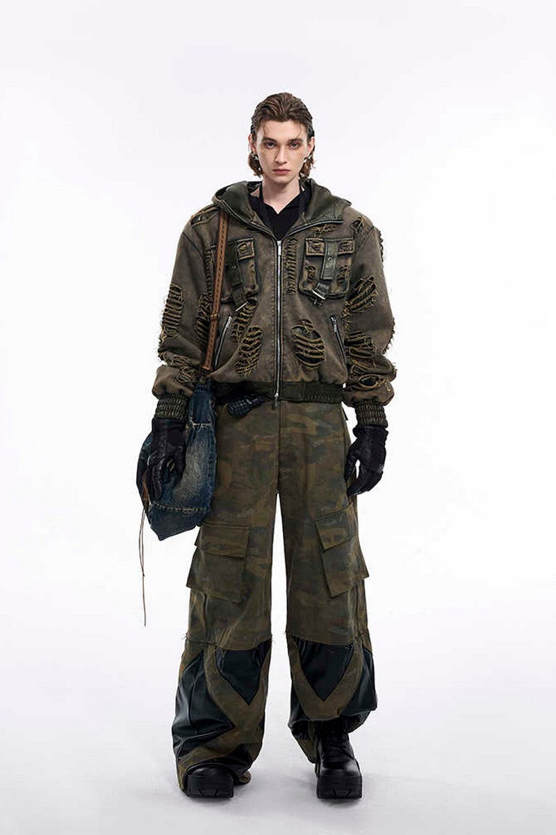 Distressed Washed Patchwork Hoodie