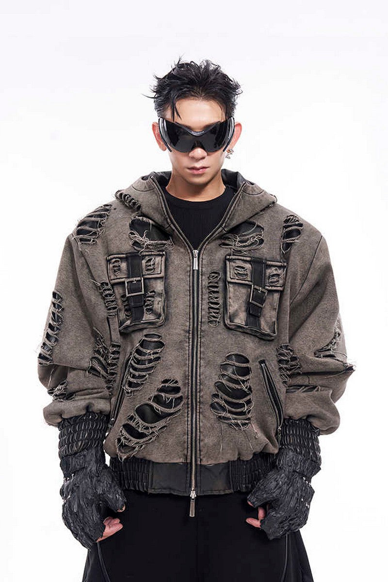 Distressed Washed Patchwork Hoodie