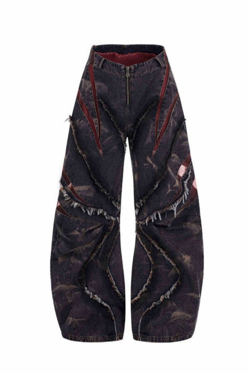 Heavy Washed Patchwork Mesh Wide Jeans