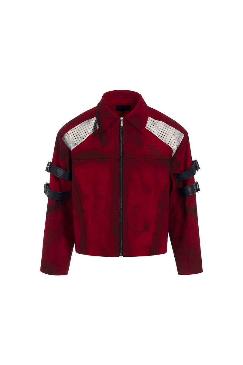 Red Distressed Patchwork Strap Denim Jacket