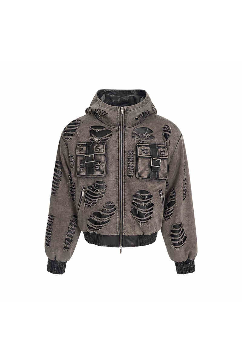 Distressed Washed Patchwork Hoodie