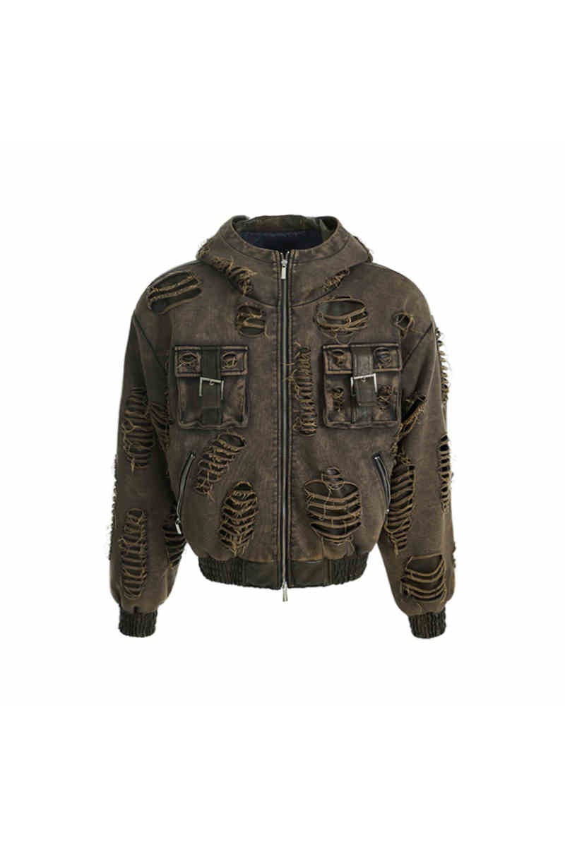 Distressed Washed Patchwork Hoodie