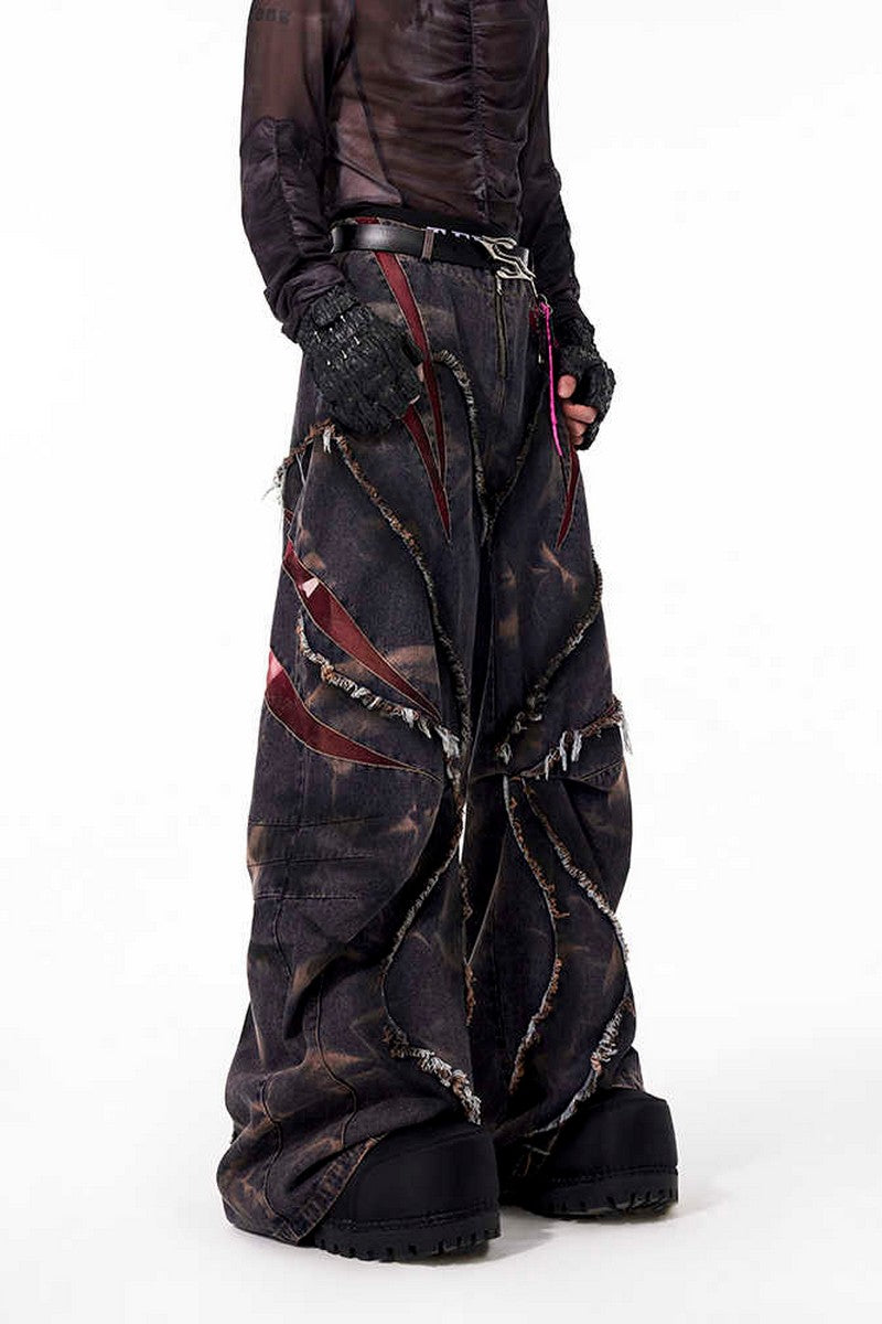 Heavy Washed Patchwork Mesh Wide Jeans