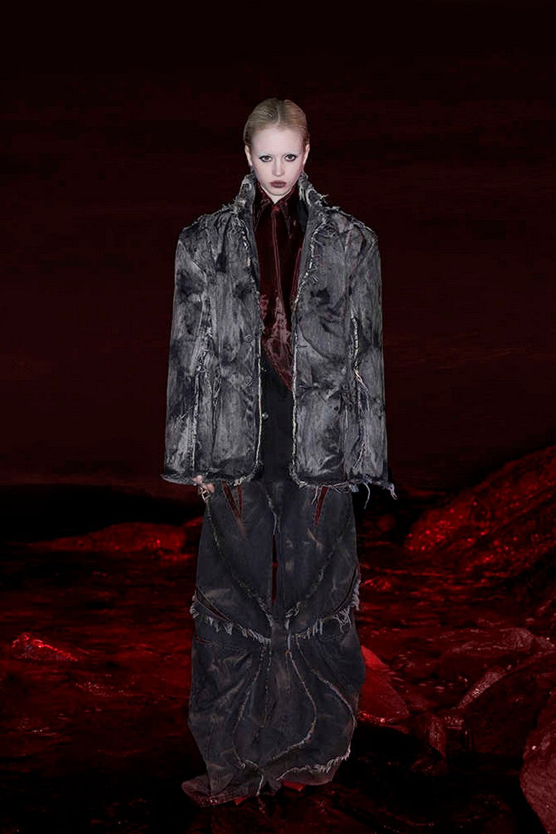 Heavy Washed Patchwork Mesh Wide Jeans